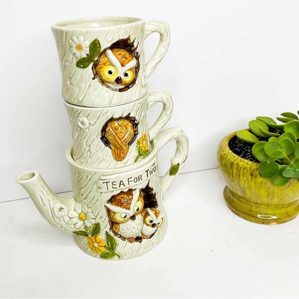 Vintage 1977 ENESCO Japan “Tea for Two” Owl Ceramic Teapot & Mug Set - Picture 12 of 12